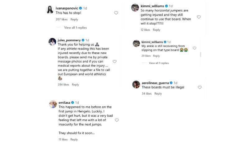 Screenshots of athletes' comments on Jumpers World Instagram post | Source: IG/jumpers.world